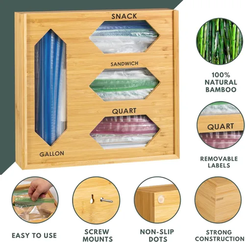 Miniatura 5 de Organizador de bolsas Ziplock de bambú para cajón de cocina, 4 compartimentos para bolsas de galón, cuarto de galón, sándwich y aperitivos, incluye