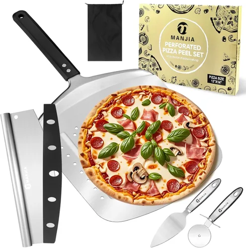 MANJIA Pala perforada de aluminio para pizza de 12 pulgadas, antiadherente, de metal, con cortador basculante (12 x 14 pulgadas), espátula grande
