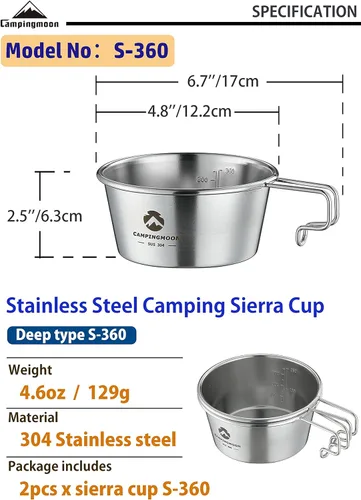 Miniatura 2 de CAMPINGMOON 2pcs Set Acero Inoxidable Tipo Profundo Camping Sierra Copa 15.2 fl oz S-360