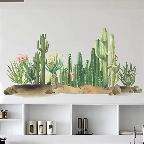 Miniatura 2 de Calcomanías de pared de vegetación verde de cactus, dunas de arena tropical, calcomanías de pared de plantas verdes, vinilo extraíble para sala