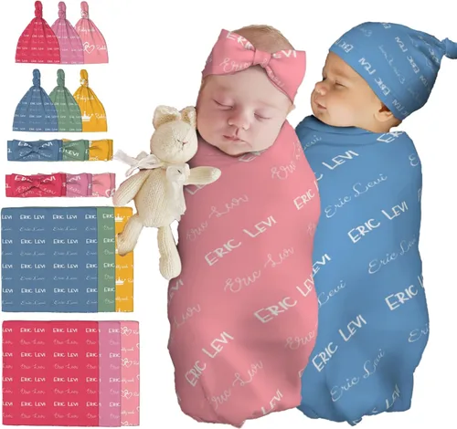 Miniatura 14 de Juego de manta personalizada para bebé con diadema acogedora y sombrero para niñas y niños recién nacidos, manta personalizada con nombre de bebé
