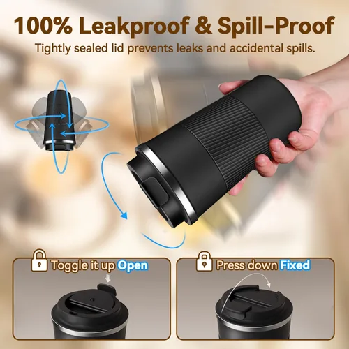 Miniatura 4 de Taza de Café de Viaje de 12 OZ, Taza de Café Aislada con Tapa a Prueba de Derrames y Fugas, Vaso Portátil de Acero Inoxidable Reutilizable para Agua