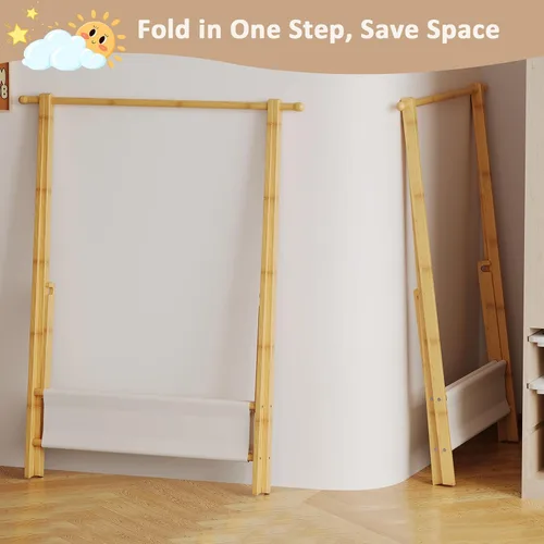 Miniatura 4 de Perchero de ropa para niños con 2 estantes de tela, soporte plegable para ropa infantil con barra para colgar, organizador de disfraces pequeño