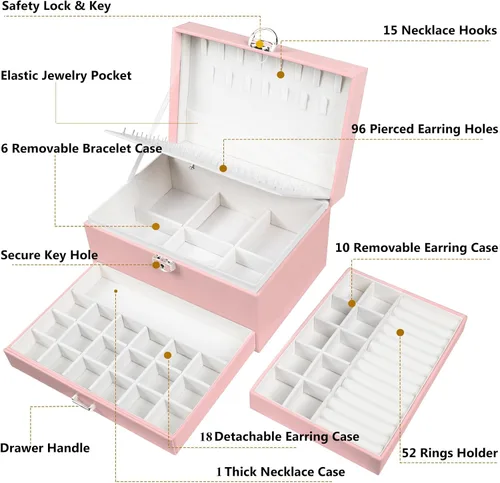 Miniatura 106 de Joyero de pendientes para mujeres y niñas, organizador de aretes de 5 capas, caja organizadora de joyas blanca con candado, collares y aretes