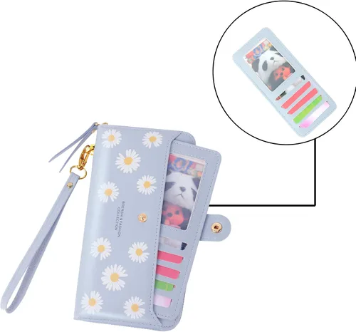 Miniatura 3 de Cartera de piel para mujer, con bloqueo RFID, bolsillo con cremallera, tarjetero, con ventana de identificación