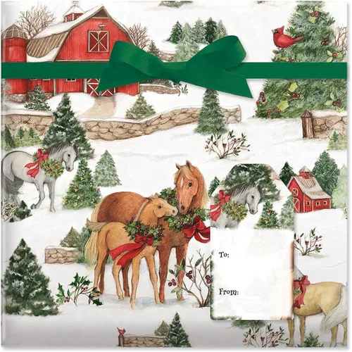 Miniatura 6 de Rollos de papel de regalo navideño de Current, envoltura de regalo premium para fiestas con caballos navideños, rollo Jumbo de 23 pulgadas x 32