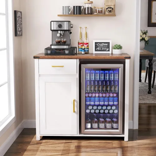Miniatura 3 de GDLF Barra de café con espacio para mini nevera, soporte de gabinete para mini nevera, gabinete para licores y vinos para dormitorio, cocina u Blanco