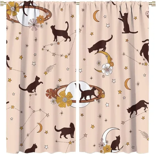 Miniatura 14 de Cortinas de estilo de mediados de siglo, diseño geométrico abstracto moderno, diseño retro, estampado de gato negro, para dormitorio, sala de estar