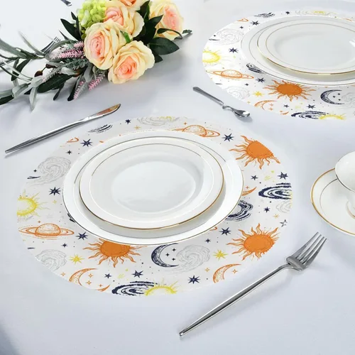 Miniatura 6 de Retro Sun and Moon Orange and White Rounds placemats Farmhouse Spring Decor 15x15 in individuales para mesa de comedor
