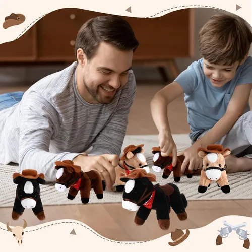 Miniatura 4 de Paquete de 9 animales de peluche de 4 pulgadas, mini juguete de peluche de pie con sombrero de vaquero y bandana, cadena desmontable para decoración