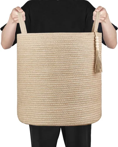 Miniatura 6 de Mkono Cesta Alta de Mimbre para Ropa Sucia Cesta de Almacenamiento Tejida Cesta Decorativa de Cuerda Natural Decoración de Cuentas de Madera