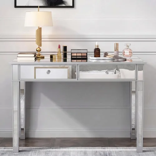 Henf Mesa de maquillaje con espejo, mesa de tocador con acabado plateado, mesa de consola de 2 cajones para entrada, dormitorio, sala de estar