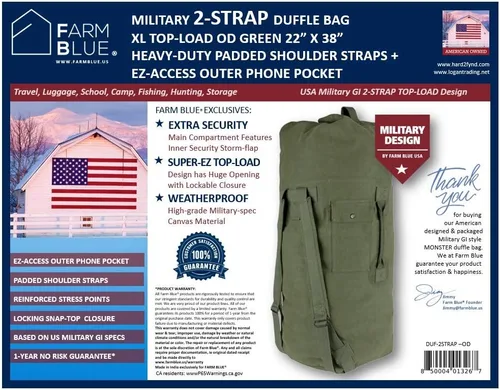 Miniatura 9 de Farm Blue Bolsa de viaje militar de 2 correas, Olive Drab, L, Clásico