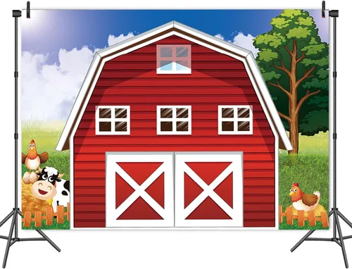 Miniatura 4 de Telón de fondo de fotografía de granja de dibujos animados de 7 x 5 pies, animales rústicos, granero rojo, fondo de fotos para niños, decoración