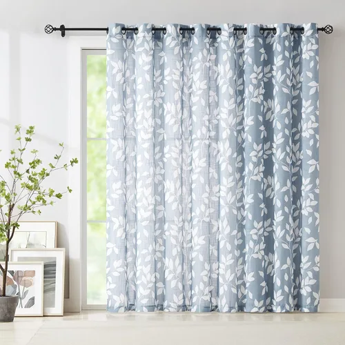 Miniatura 51 de Treatmentex Cortinas blancas y grises para dormitorio de 84 pulgadas de largo, cortinas semitransparentes con estampado de hojas para ventanas