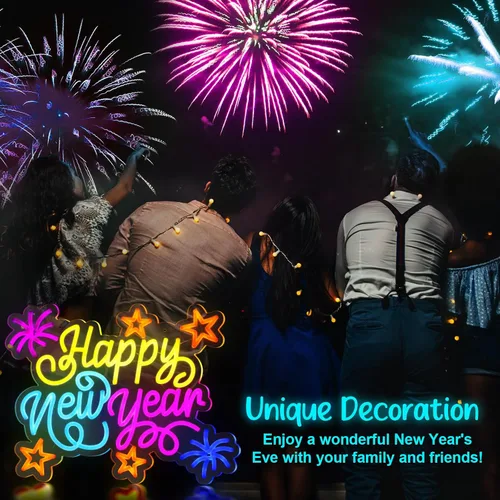 Miniatura 7 de Retisee - Letrero de neón de feliz año nuevo, luz LED alimentada por USB, letrero de neón de feliz año nuevo para decoración de pared