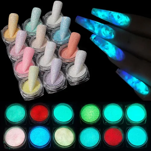 Fcozpjk Brillantina que brilla en la oscuridad, kit de polvo de pigmento luminoso de 12 cajas, polvo de pigmento fluorescente para uñas, polvo de