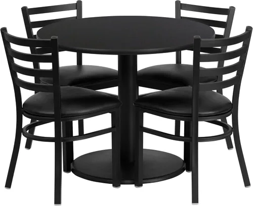 Flash Furniture Juego de mesa redonda laminada negra de 36 pulgadas con base redonda y 4 sillas de metal con respaldo de escalera, asiento de vinilo