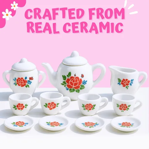 Miniatura 3 de Juego de té de cerámica de porcelana en miniatura floral de 17 piezas, juego de simulación para niños, juego de cocina pequeño, muñeca divertida