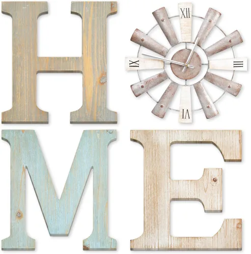 ZAZIWZ Carteles de granja con reloj de viento, decoración de pared con letras rústicas para el hogar, arte de pared con letras para sala de estar,