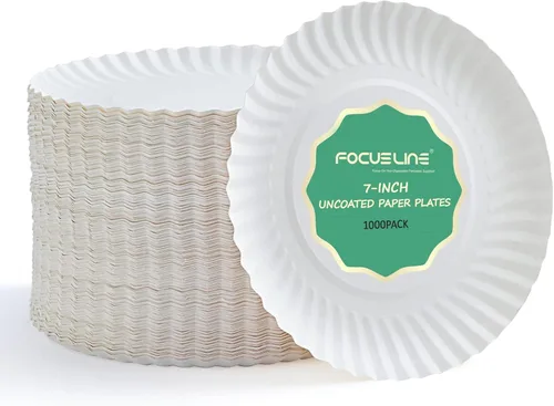 FOCUSLINE Platos de papel de 7 pulgadas, platos de papel blancos sin recubrimiento, plato de postre desechable para todos los días de 7" Plato 7.1