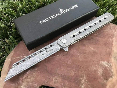 TACTICAL GEARZ Navaja de bolsillo de Damasco para EDC, mango de titanio sólido, hoja Tanto de acero Damasco VG10 de 67 capas múltiples, incluye XT