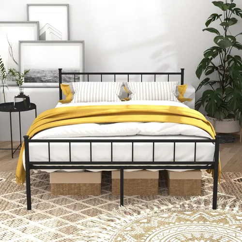 Marco de cama con plataforma de metal tamaño Queen, estilo vintage victoriano, cabecera de hierro forjado, listones de acero, no necesita somier