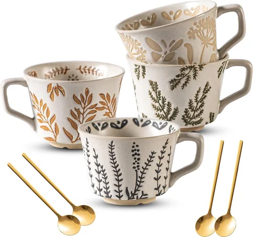 Miniatura 9 de Juego de 4 tazas de café con cuchara dorada, taza de cerámica pintada a mano de estilo antiguo de 11 onzas para hombres y mujeres, regalos únicos