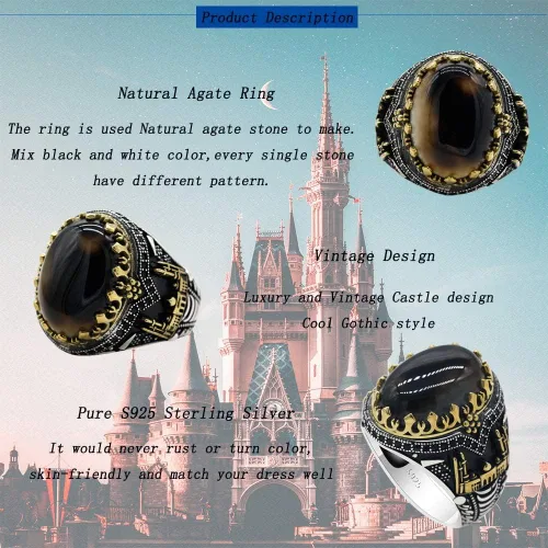 Miniatura 3 de Qida Natural Agate Ring for Men S925 Sterling Silver Black Agate Stone Ring Vintage Castle Men's Ring Gothic Style Unique Hand Ring