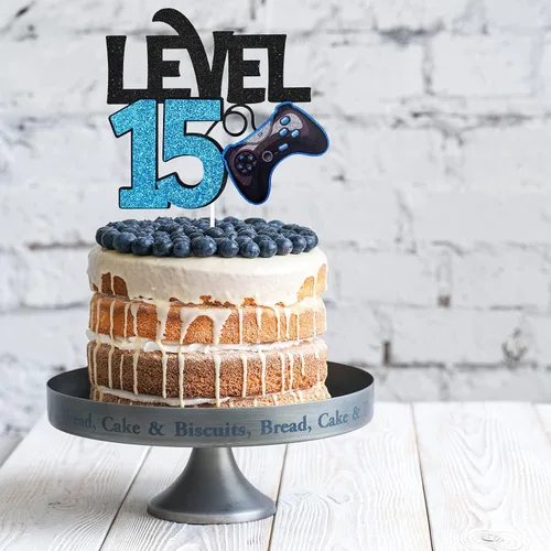 Miniatura 3 de Decoración para pastel de cumpleaños de nivel 15 – Videojuego de 15 cumpleaños para niño de 15 años, suministros de pastel azul – Decoración