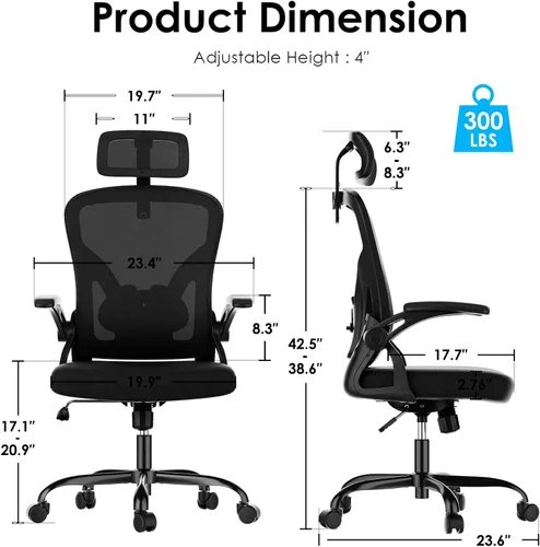 Miniatura 2 de Farini Silla ergonómica de oficina, silla de escritorio para oficina en casa con reposacabezas, silla de computadora de respaldo alto con Negro-negro