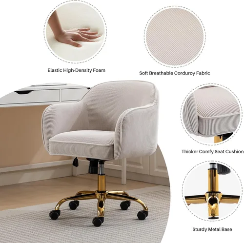 Miniatura 6 de Silla de escritorio para oficina en casa con brazos, ruedas doradas, silla moderna tapizada en terciopelo, silla de computadora enrollable, silla
