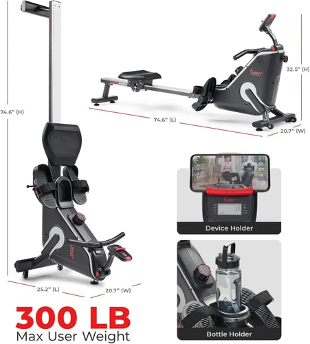 Miniatura 6 de Sunny Health & Fitness Smart Flippable Magnetic Rower, 50 Inches Quiet & Smooth Stainless Steel Slide Rail, Full-Body Low-Impact Exercise Rowing