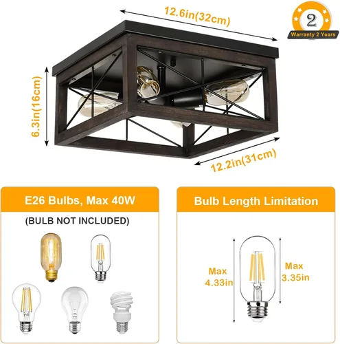 Miniatura 2 de eyassi Lámpara de techo de madera de montaje empotrado, 4 luces rústicas de granja, lámpara de techo cuadrada industrial con enchufe E26