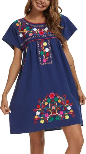 Miniatura 3 de YZXDORWJ - Vestido mexicano bordado de manga corta para mujer