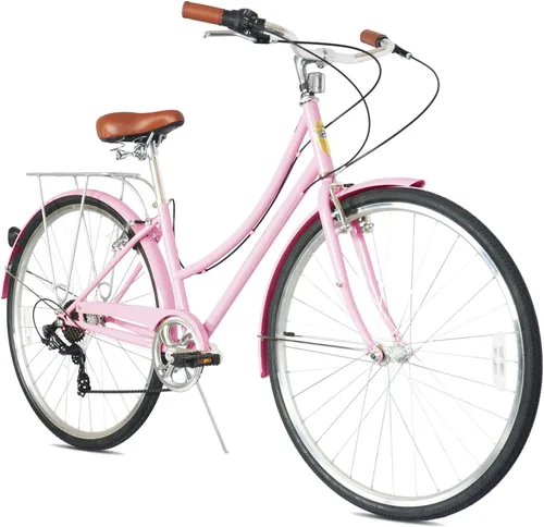 Miniatura 8 de MICARGI Kansans Beach Cruiser Bike - Empuñaduras de cuero de 7 velocidades y cojín de asiento V-Brake para adultos Vainilla