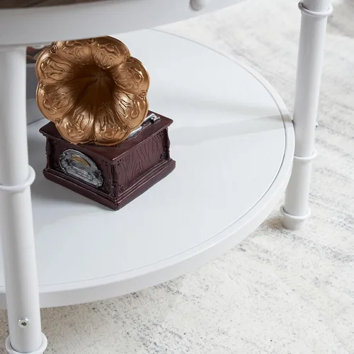 Miniatura 7 de VINGLI - Mesa de café de granja redonda de nogal oscuro y blanco de 25.6", mesa de centro con 2 estantes de almacenamiento para sala de estar