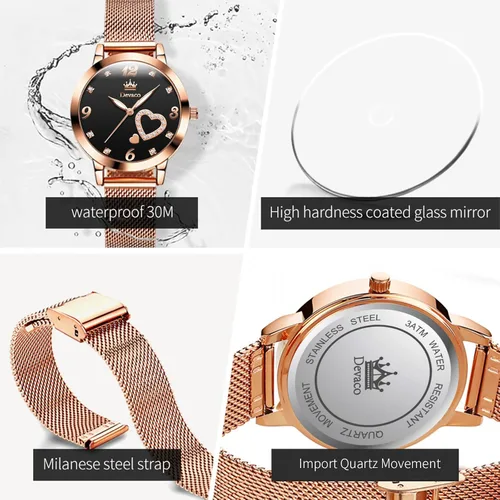Miniatura 3 de devaco Reloj de pulsera del cuarzo del diamante del oro rosa del acero inoxidable, reloj de moda de las señoras de la prenda impermeable