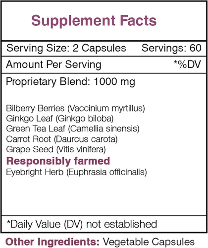Miniatura 3 de Secrets of the Tribe Falcon Eye - 120 cápsulas, 1000 mg, arándano, ojos de ojo, ginkgo, té verde, zanahoria, uva. Apoyo para la visión saludable