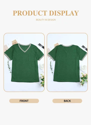 Miniatura 87 de Eytino Blusas de talla grande para mujer, cuello en V, manga corta, a rayas, casual, holgada, con bolsillo (1X-5X)