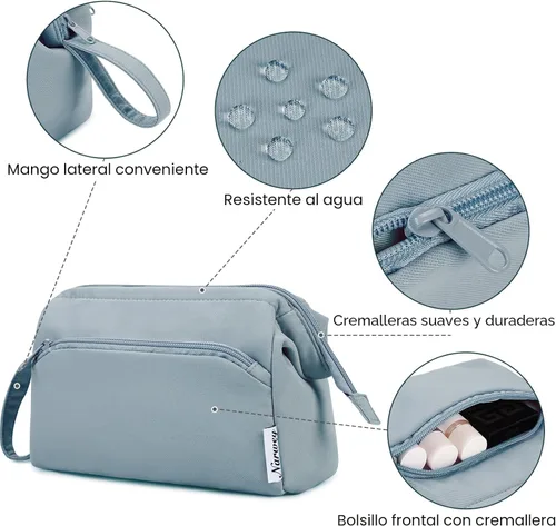 Miniatura 5 de Narwey - Bolsa grande de maquillaje con cremallera de apertura completa, organizador de cosméticos de viaje para mujeres y niñas, Azul grisáceo.