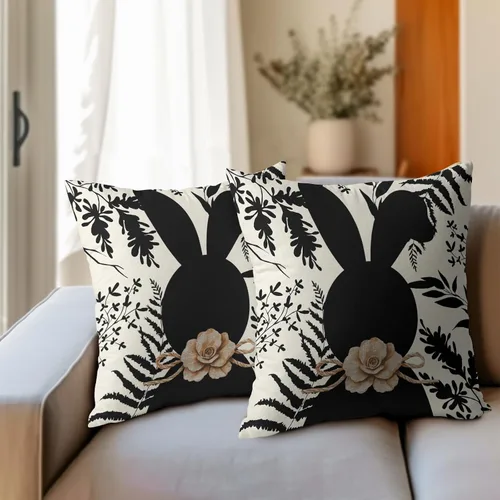 Miniatura 6 de Kawani Fundas de almohada de conejo de Pascua de 16x16 pulgadas, juego de 2 fundas de almohada decorativas de conejo negro floral de Pascua