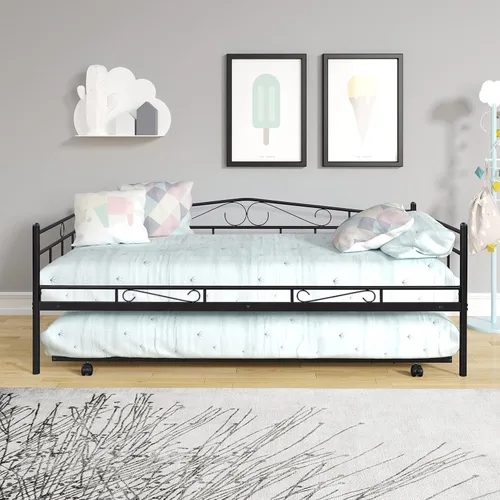 Miniatura 3 de Sofá cama de marco metálico de tamaño individual con ruedas extraíbles, soporte de sofá cama de listones de acero resistente para invitados, sofá