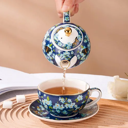 Miniatura 5 de Juego de té para uno, tetera y taza de porcelana, juego de té para una persona, tetera floral, juego de té de regalo para mujeres, mariposa azul