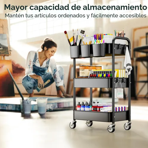 Miniatura 4 de YASONIC Carrito Rodante de 3 Niveles - Carrito Utilitario de Metal con Ruedas, Tazas Colgantes, Ganchos, Organizador de Almacenamiento de Malla