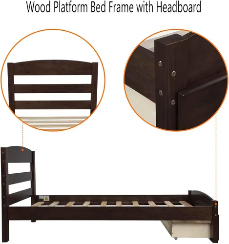 Miniatura 4 de Base de cama individual con cajones de almacenamiento, plataforma de madera con cabecero para niños, adolescentes y adultos, base de colchón