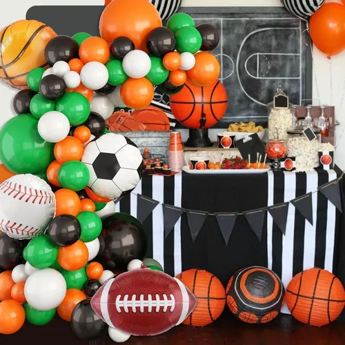 Miniatura 7 de Guirnalda de arco de globos deportivos, kit de guirnalda de globos con tema de bolas, globos blancos, verdes, negros y naranjas, globos de aluminio