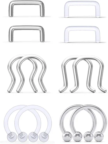 Hoeudjo 12 piezas de 14G y 16G para tabique, acrílico transparente y acero quirúrgico, anillos de nariz para tabique de herradura, cartílago,