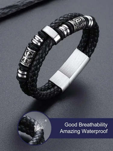 Miniatura 9 de Bandmax Pulseras de Puño de Cuerda de Cera Doble Negra para Hombres Impermeables de Acero Inoxidable Estilo Nórdico Nudo Celta Cuentas Pulsera