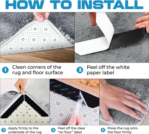 Miniatura 4 de Paquete de 8 agarradores para alfombras para suelos de madera dura y azulejos: cinta reutilizable de doble cara para alfombra. Cinta antideslizante